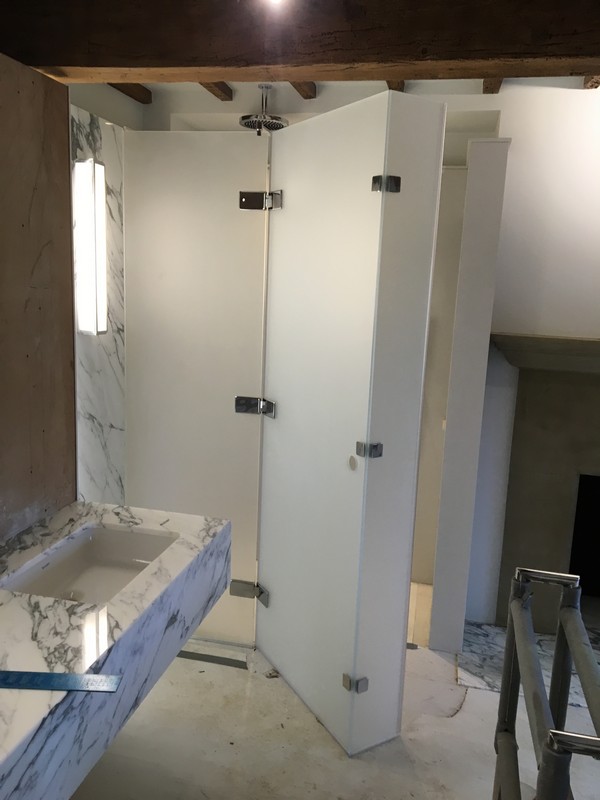 Bespoke frosted glass shower enclosure in Wallington luxury bathroom